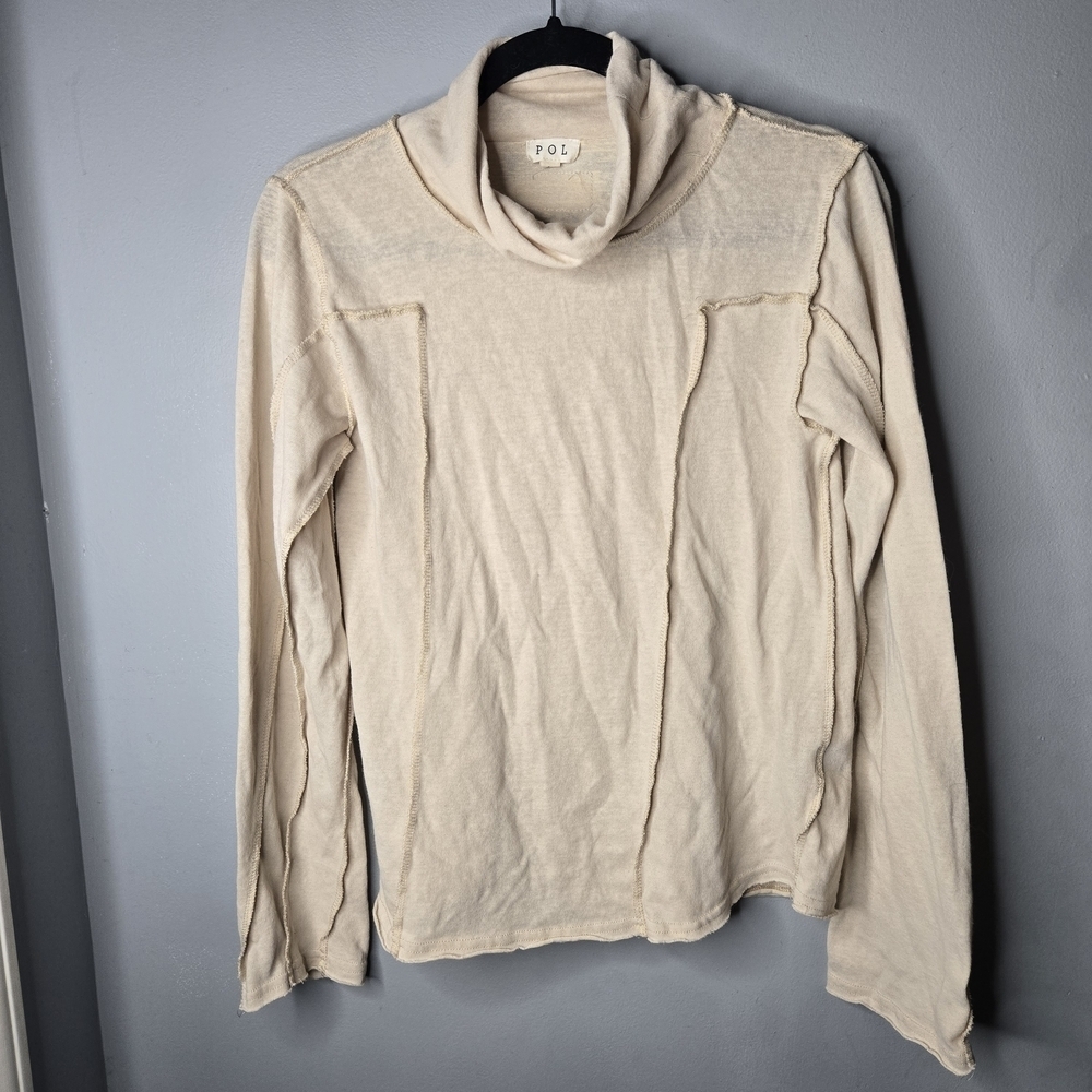 POL Women’s Large Cream Cowl Neck Long Sleeve Top | Raw Seam Boho Layering